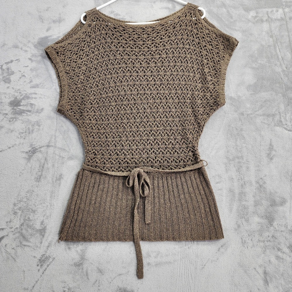 Vintage Isda‎ & Co. Sweater Tunic Womens L Brown Open Knit Belted Cold Shoulder